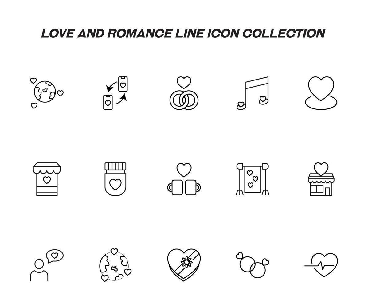 Romance and love concept. Vector monochrome outline signs drawn in flat style. Line icon set. Icon of Earth planet, musical notes, wedding rings, store, tea or coffee cups etc