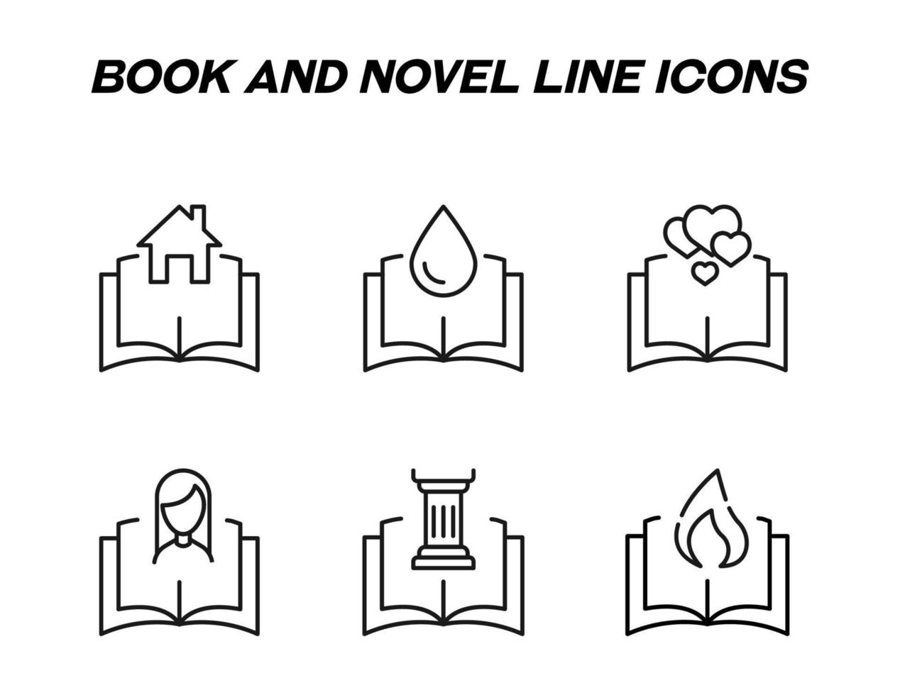 Book, reading, education and novel concept. Vector signs in flat style. Set of line icons of house, drop, heart, woman, column, fire above opened book