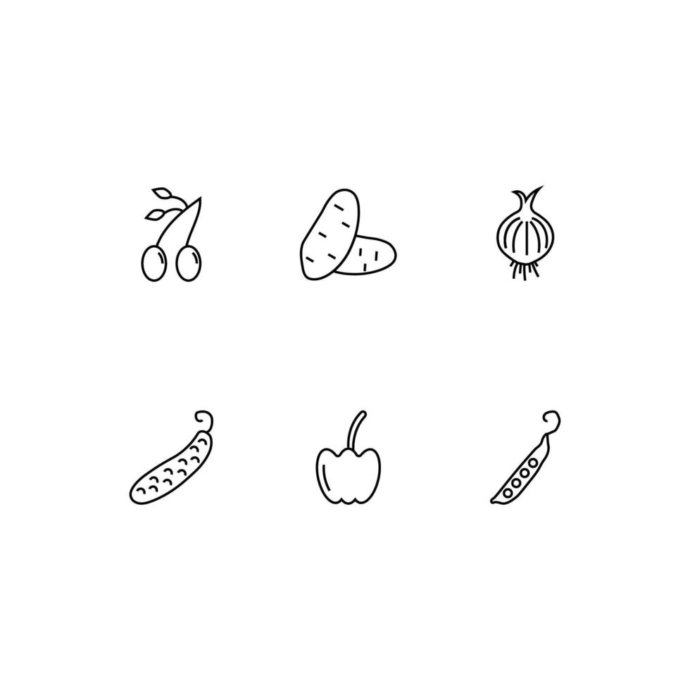 Outline symbol in modern flat style suitable for advertisement, books, stores. Line icon set with icons of olives, potato, onion, cucumber, bell pepper, pea pods vector