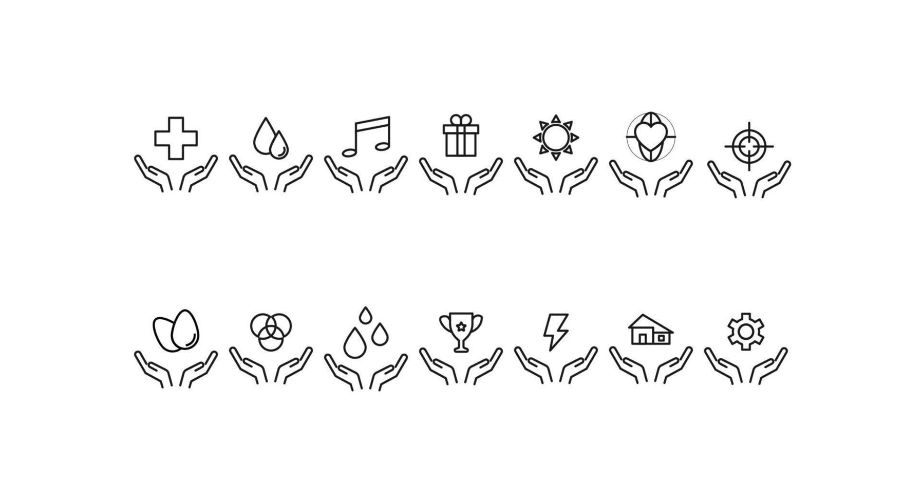 Charity and philanthropy concept. Modern vector outline symbols drawn with thin line. Line icon collection. Icons of plus, drops, sun, heart, gear, eggs, house over opened hands