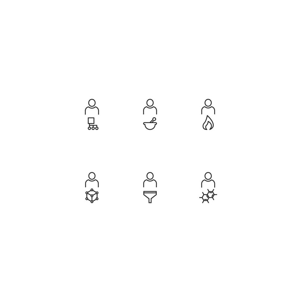 Line icon set with monochrome signs suitable for adverts, shops, stores, apps. Algorithm, mortar and pestle, fire, chemical compound, funnel next to faceless man vector