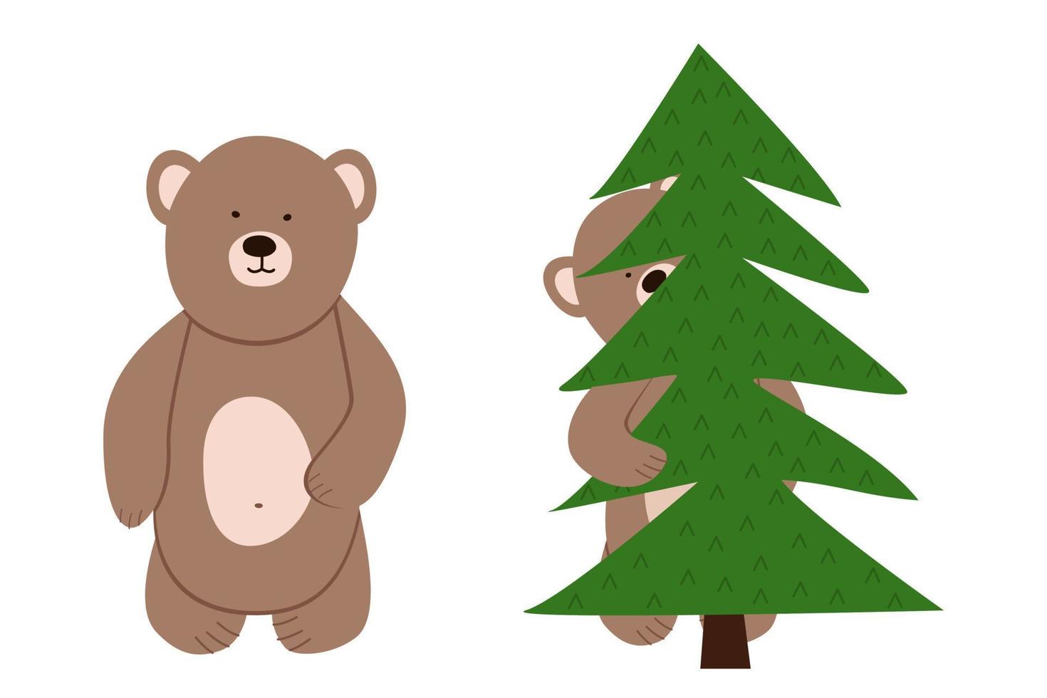 Two funny little bear vector. Bear cub hiding peeks out from behind the tree vector