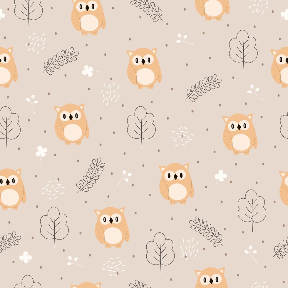 Seamless vector pattern of funny cartoon owl in the forest. Scandinavian style