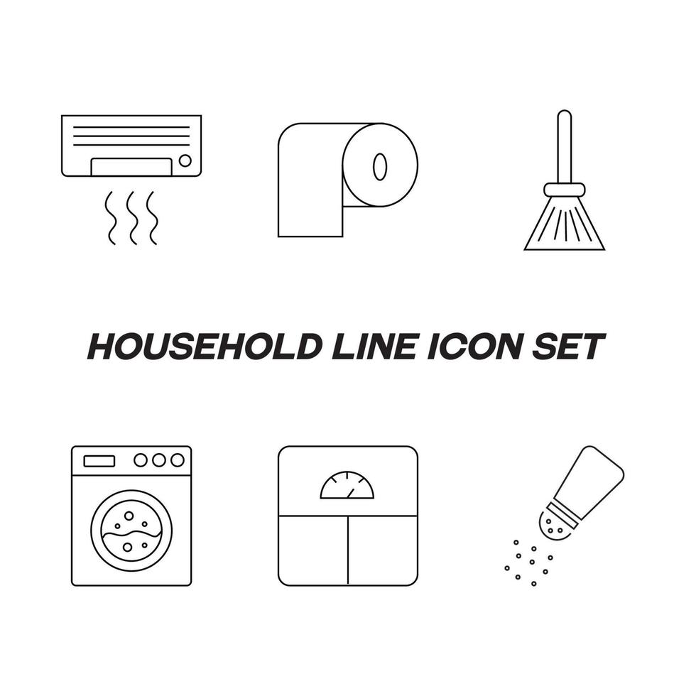 Household and daily routine concept. Collection of modern outline monochrome icons in flat style. Line icon set of air conditioner, toilet paper, broom, washing machine, salt shaker, bathroom scales vector