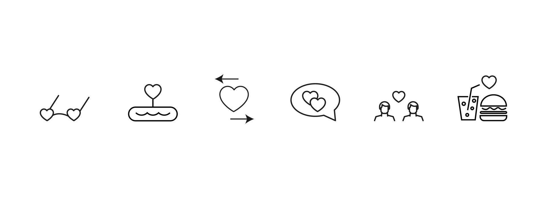 Heart, love and romance line icon collection. Suitable for advertisement, articles, sites. Icons of eyeglasses in form of heart, cake, arrows, speech bubble, lgbt couple, heart over burger and soda vector
