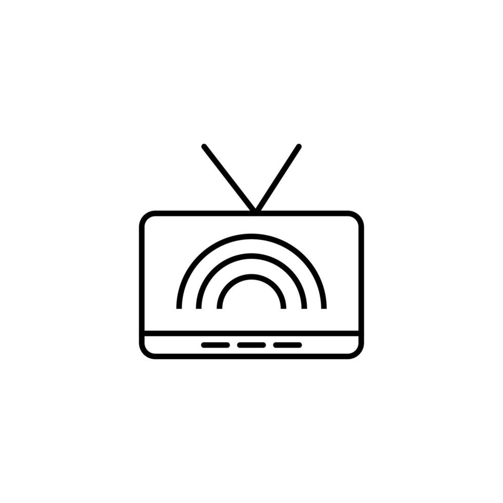 Vector symbol in flat style. Editable stroke. Perfect for internet stores, sites, articles, books etc. Line icon of simple monochrome rainbow on screen of tv set with antenna