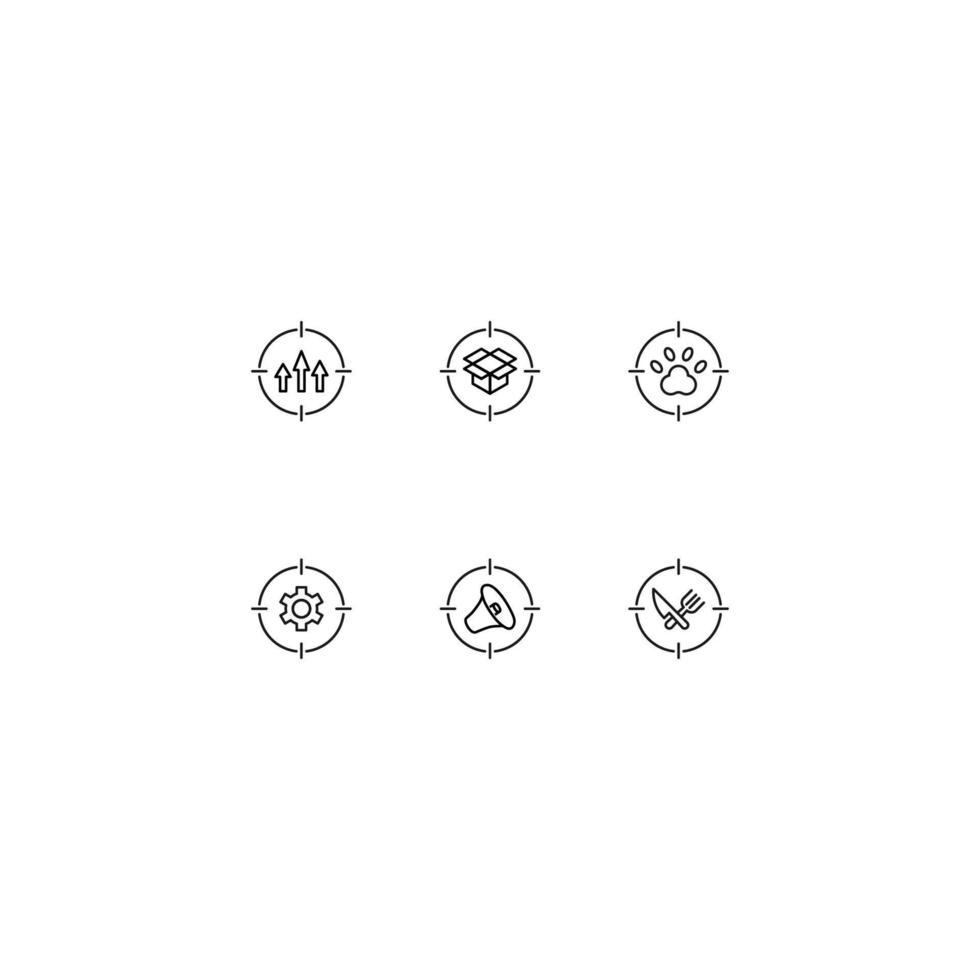 Line icon set with monochrome signs suitable for adverts, shops, stores, apps. Arrows, open box, paw, gear, loud speaker, knife, fork inside target vector