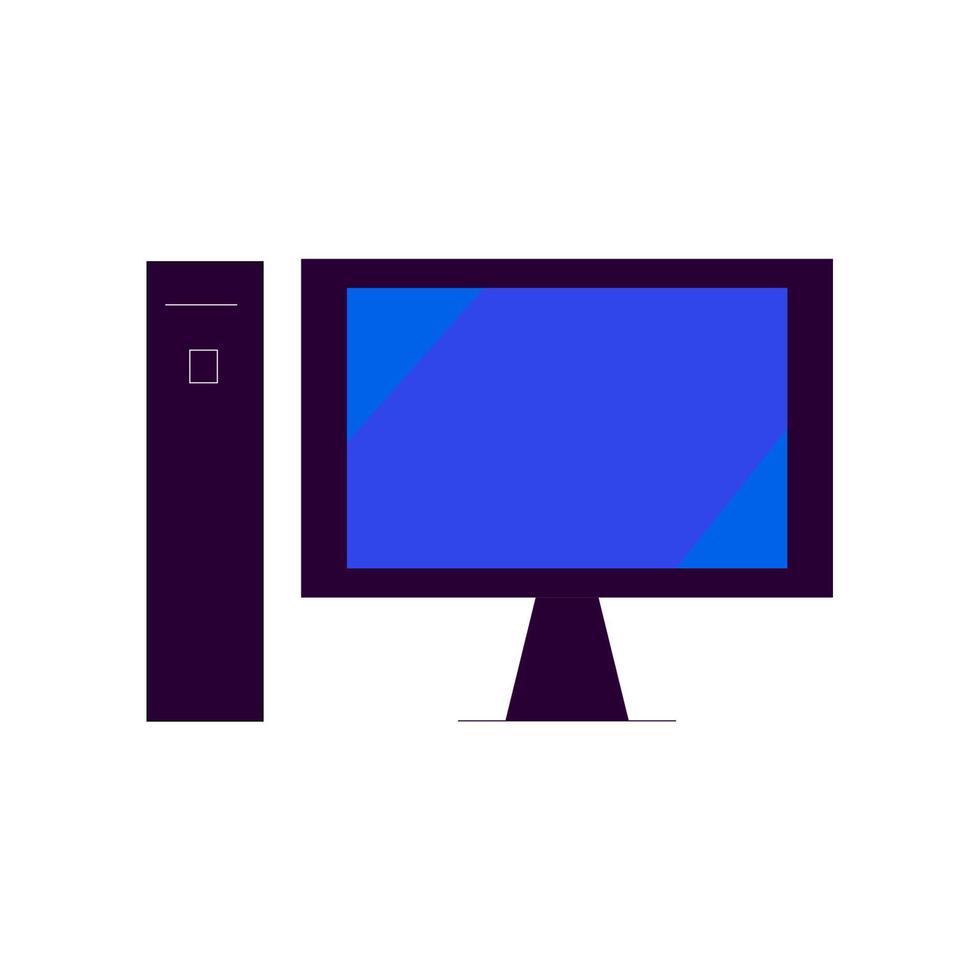 ícono vibrante de computadora personal con monitor azul y bloque de sistema negro. adecuado para letreros, tiendas, pancartas, libros, etc. vector