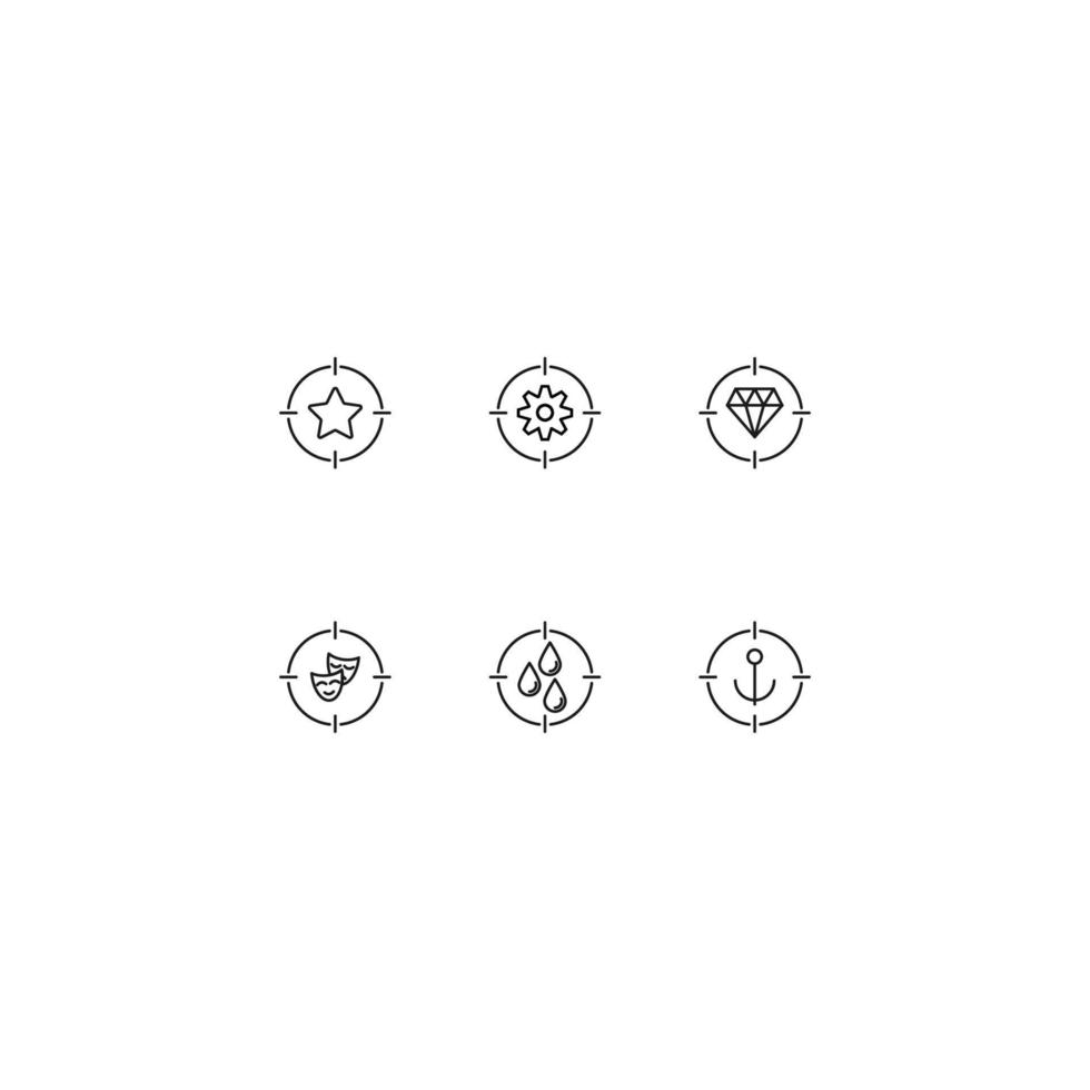 Line icon set with monochrome signs suitable for adverts, shops, stores, apps. Star, gear, diamond, theatrical mask, drops, anchor inside target vector