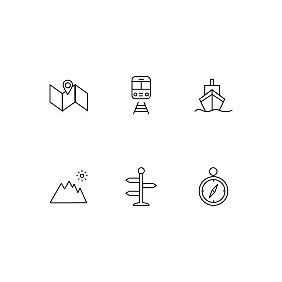 Outline symbol in modern flat style suitable for advertisement, books, stores. Line icon set with icons of map, train, ship, mountains, direction pointer, compass vector