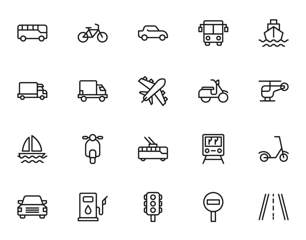 Road, transport, traffic sign. Vector symbol perfect for adverts, store, shops, books. Editable stroke. Line icon set with icons of bus, car, plane, ship, van, sailboat, helicopter etc