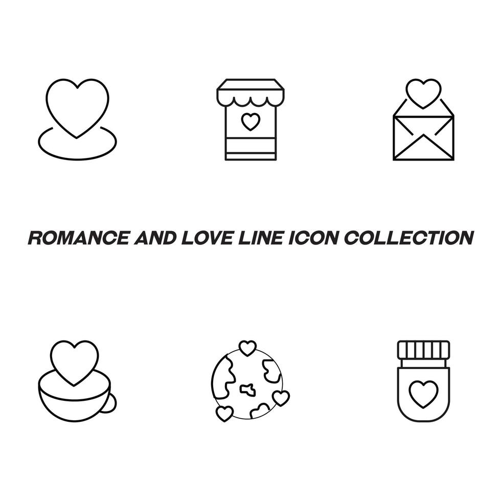 Romance and love concept. Vector monochrome outline signs drawn in flat style. Line icon set. Icon of heart over store, envelope, cup, Earth, ring, bottle