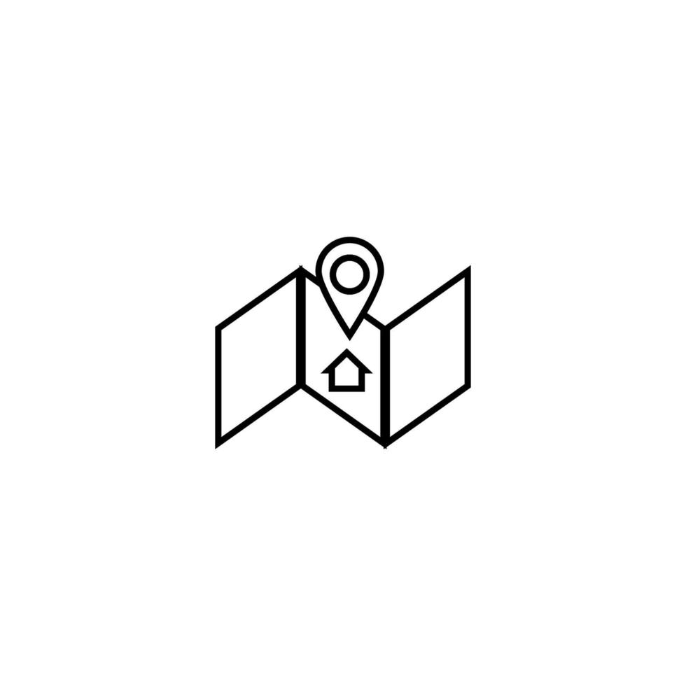Travel, vacation and summer holiday concept. Vector outline symbol for sites, advertisement, stores etc. Line icon of house on map as symbol of sightseeing
