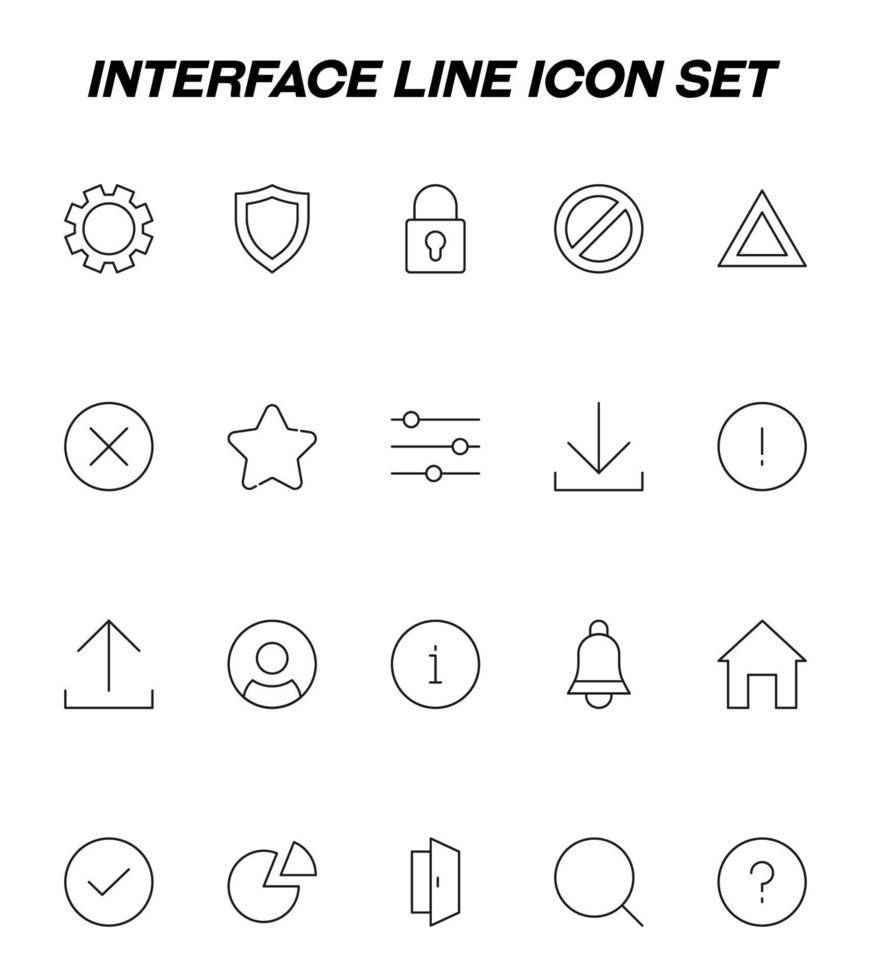 Interface of web site signs. Minimalistic outline symbols drawn with black thin line. Vector icon of gear, armor, prohibition, stop, lock, star, download, sound bar, user etc