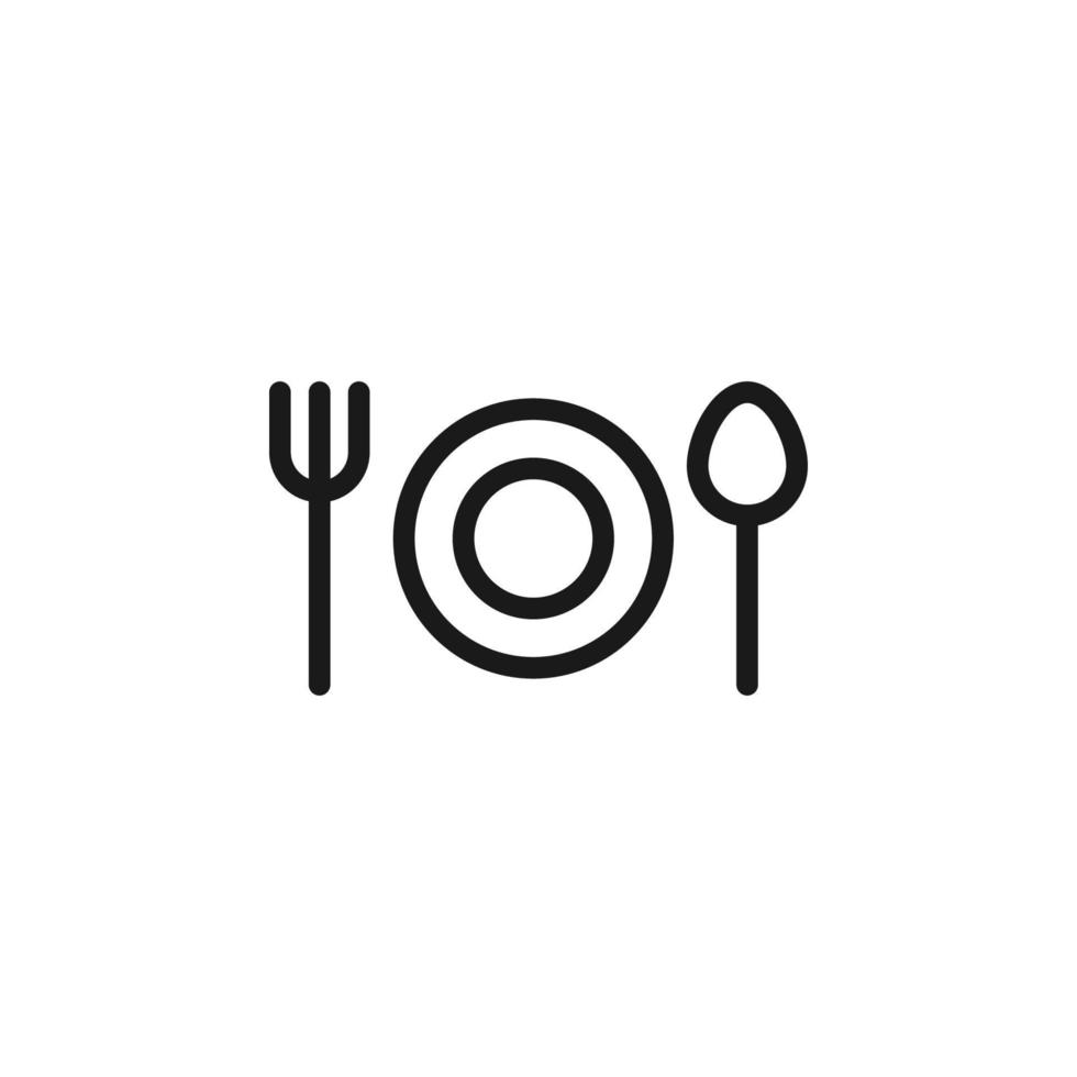 Hotel, holiday, weekend concept. Vector signs drawn in flat style. Perfect for web sites, stores, shops, books. Editable stroke. Line icon of plate between spoon and fork