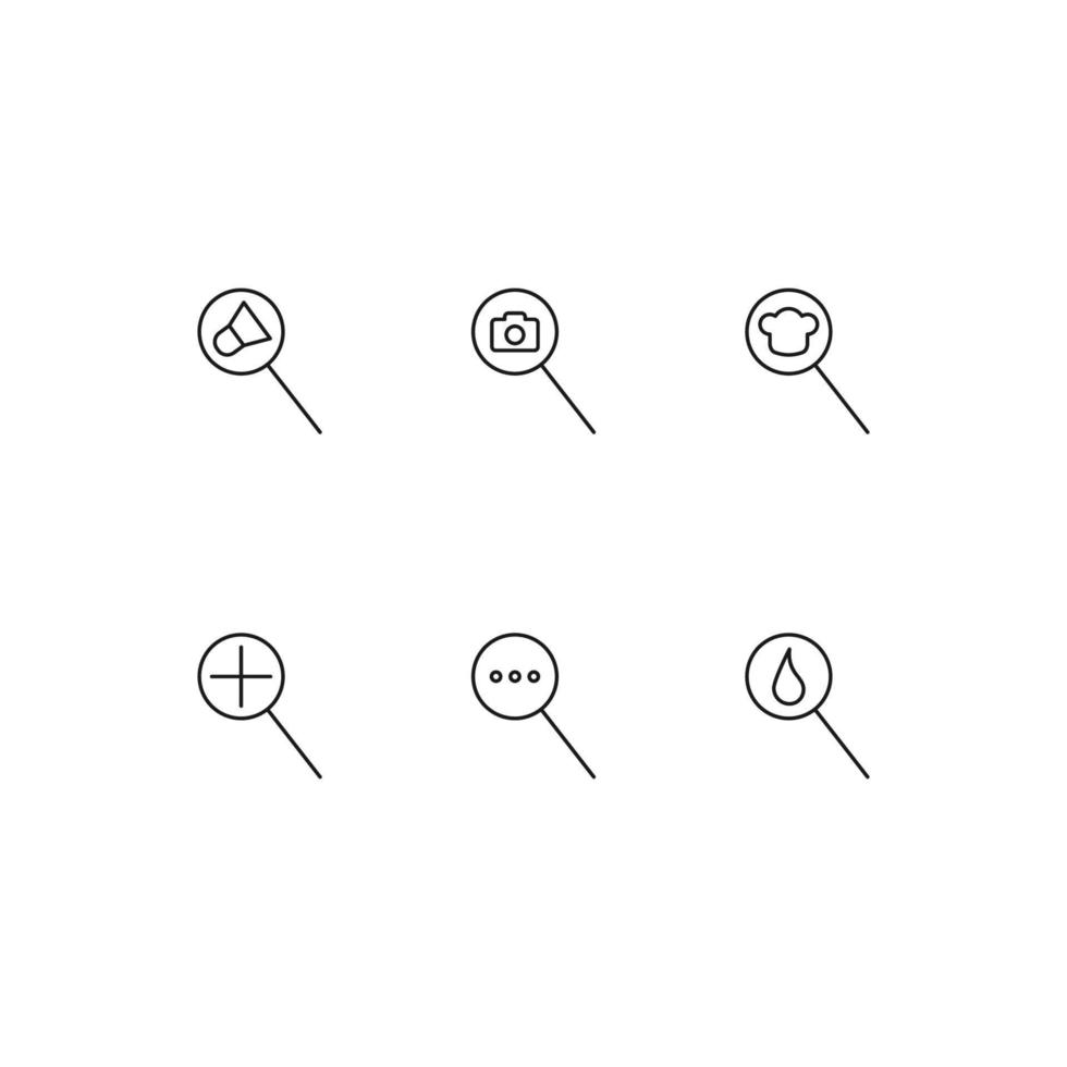 Outline symbol in modern flat style suitable for advertisement, books, stores. Line icon set with icons of loud speaker, photo camera, chef hat, dots, plus, drop under loupe vector