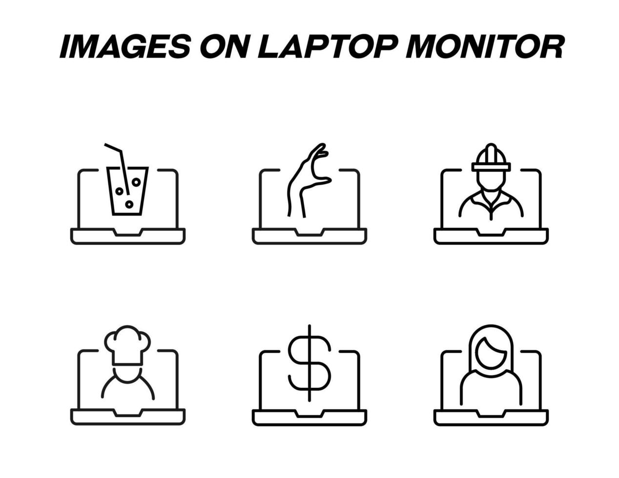 Items on laptop monitor pack. Modern vector monochrome signs. Line icon set with icons of soda, hand, builder, chef, dollar, woman on laptop monitor
