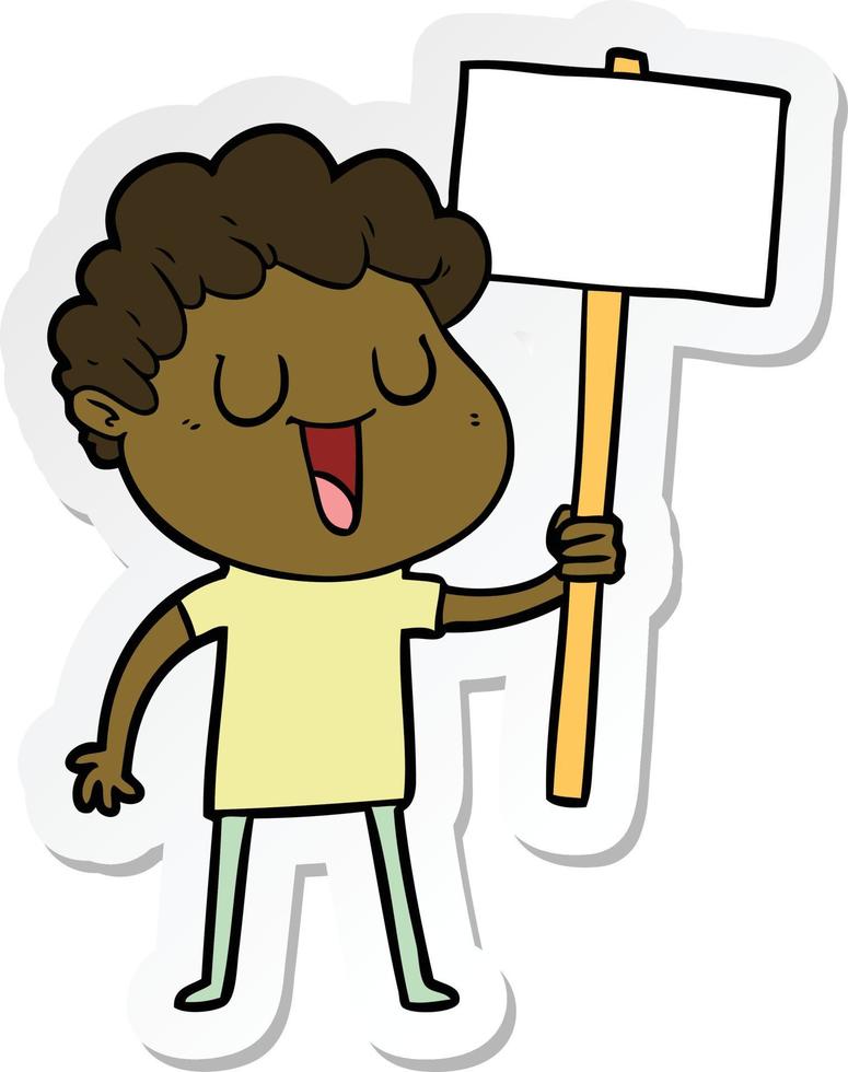 sticker of a laughing cartoon man with black signpost vector