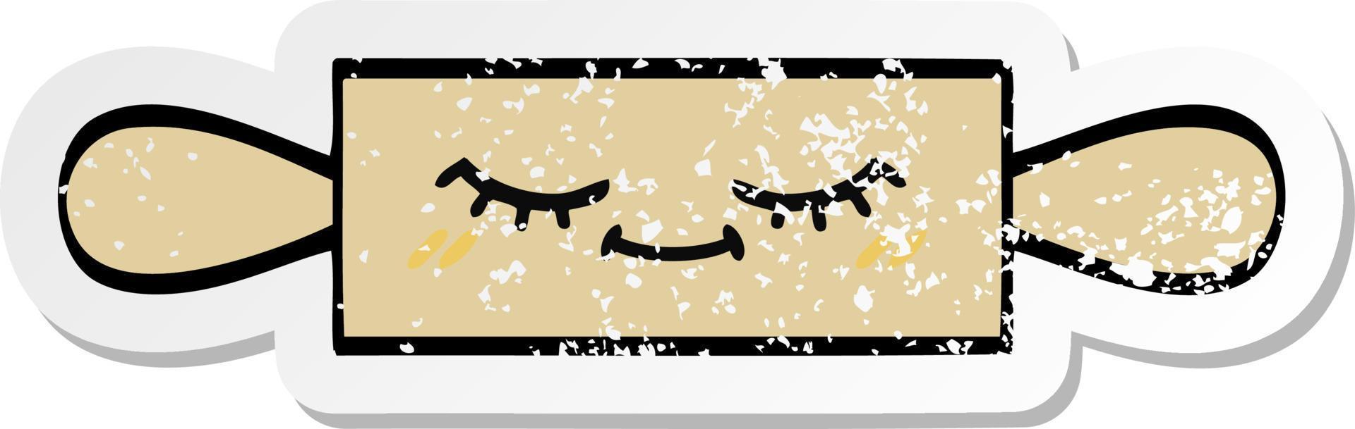 distressed sticker of a cute cartoon rolling pin vector
