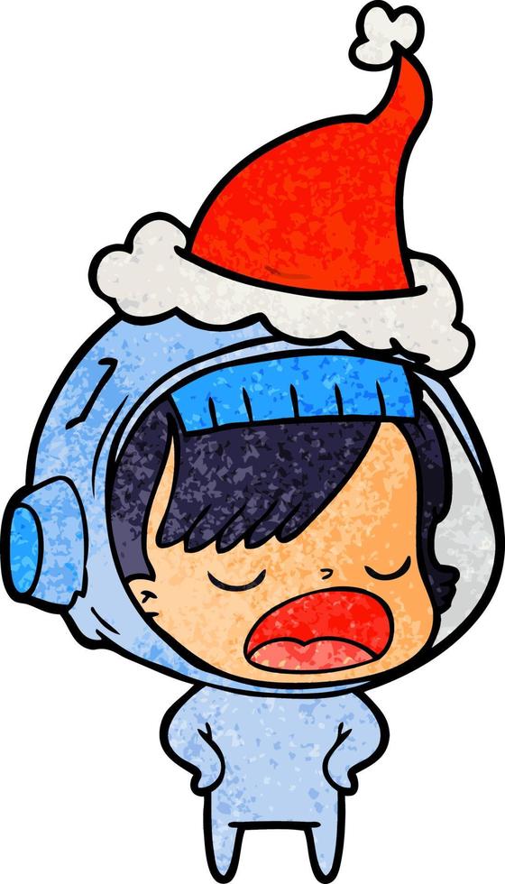 textured cartoon of a astronaut woman explaining wearing santa hat vector
