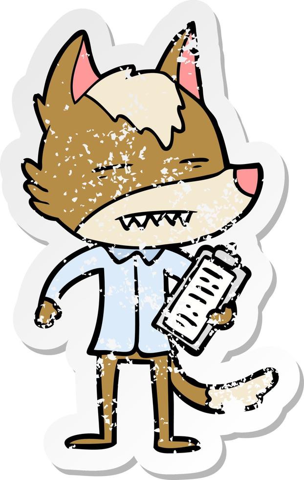 distressed sticker of a cartoon office wolf showing teeth vector