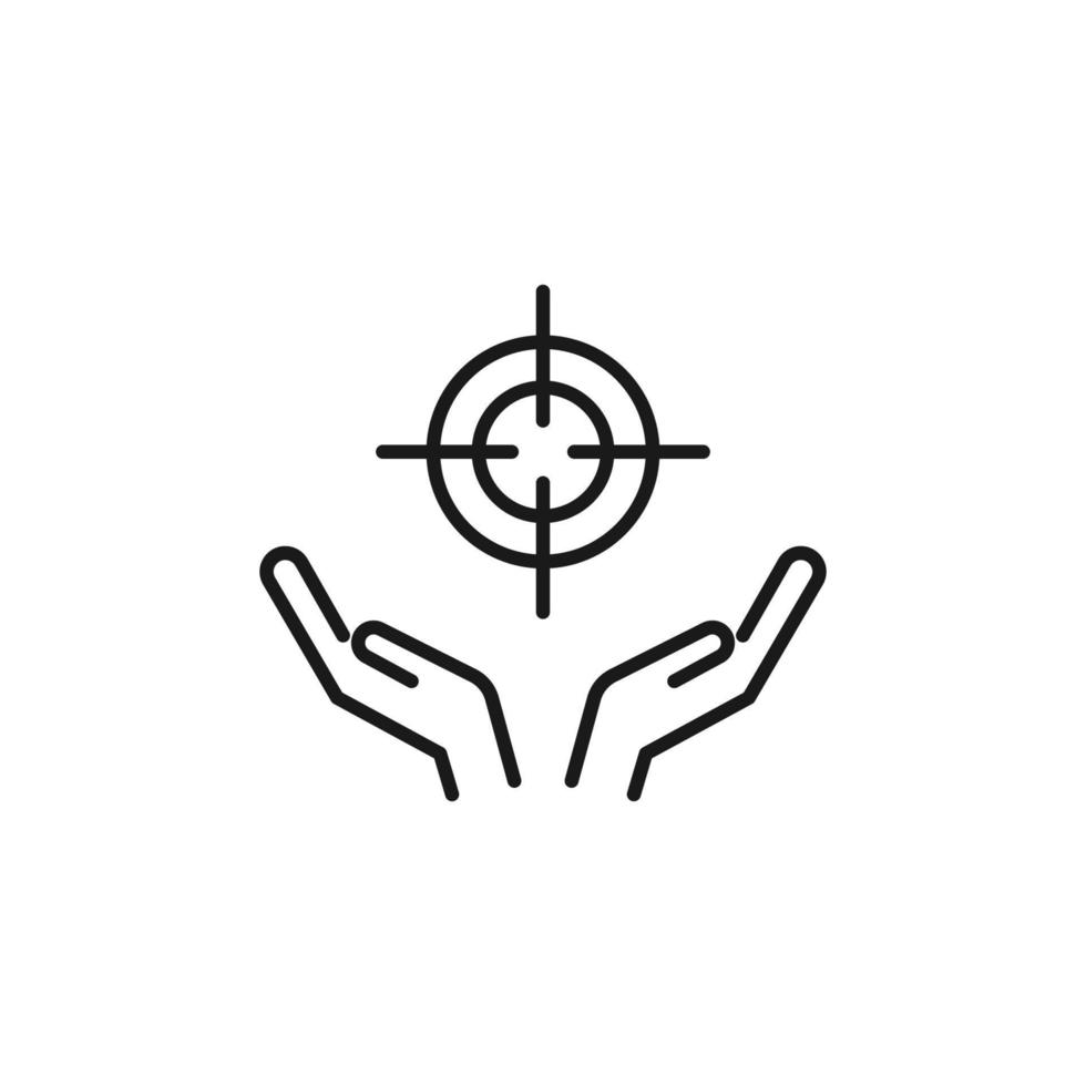 Charity and philanthropy concept. Hight quality sign drawn with thin line. Suitable for web sites, stores, internet shops, banners etc. Line icon of sniper target over opened hands vector