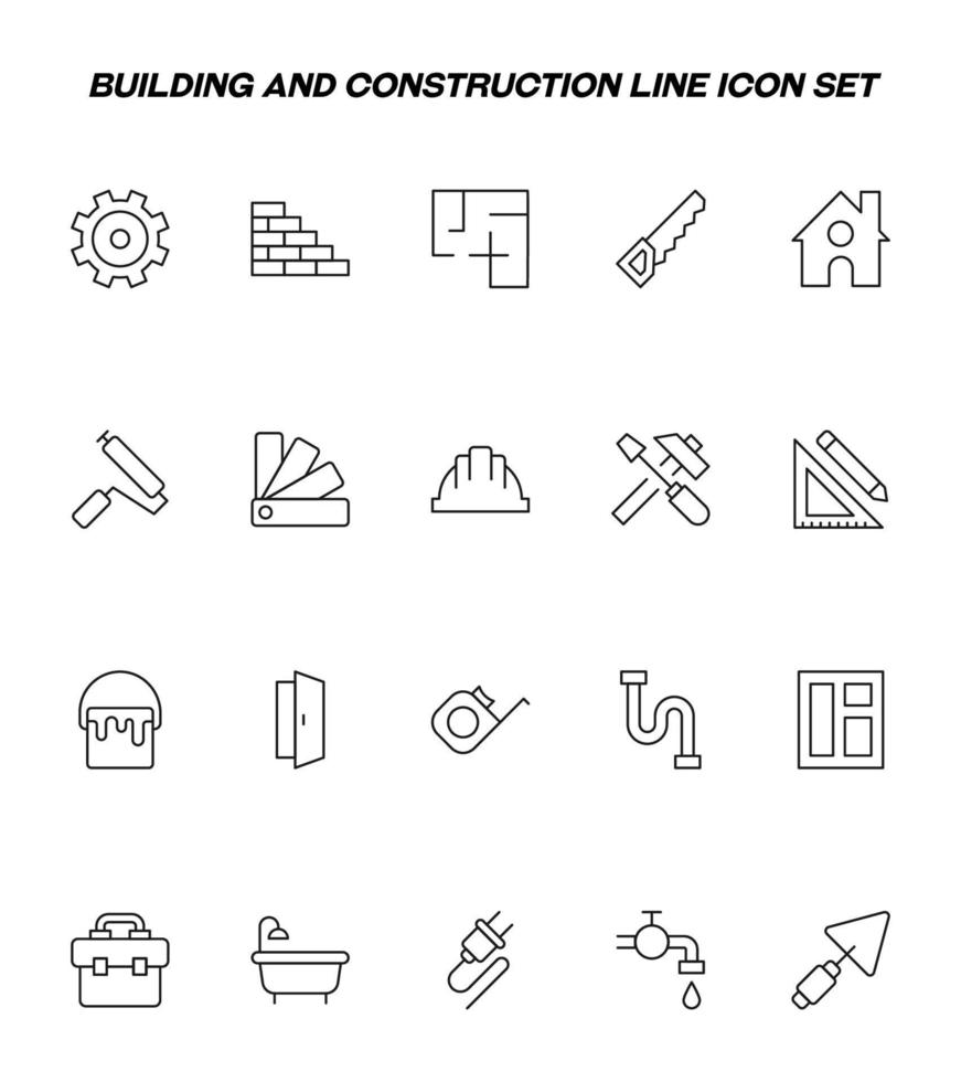 concepto de construcción y renovación. signos vectoriales y trazos editables. conjunto de iconos de línea con iconos de equipo, pared de ladrillo, sierra, casa, rodillo de pintura, paleta, hámster, destornillador, etc. vector