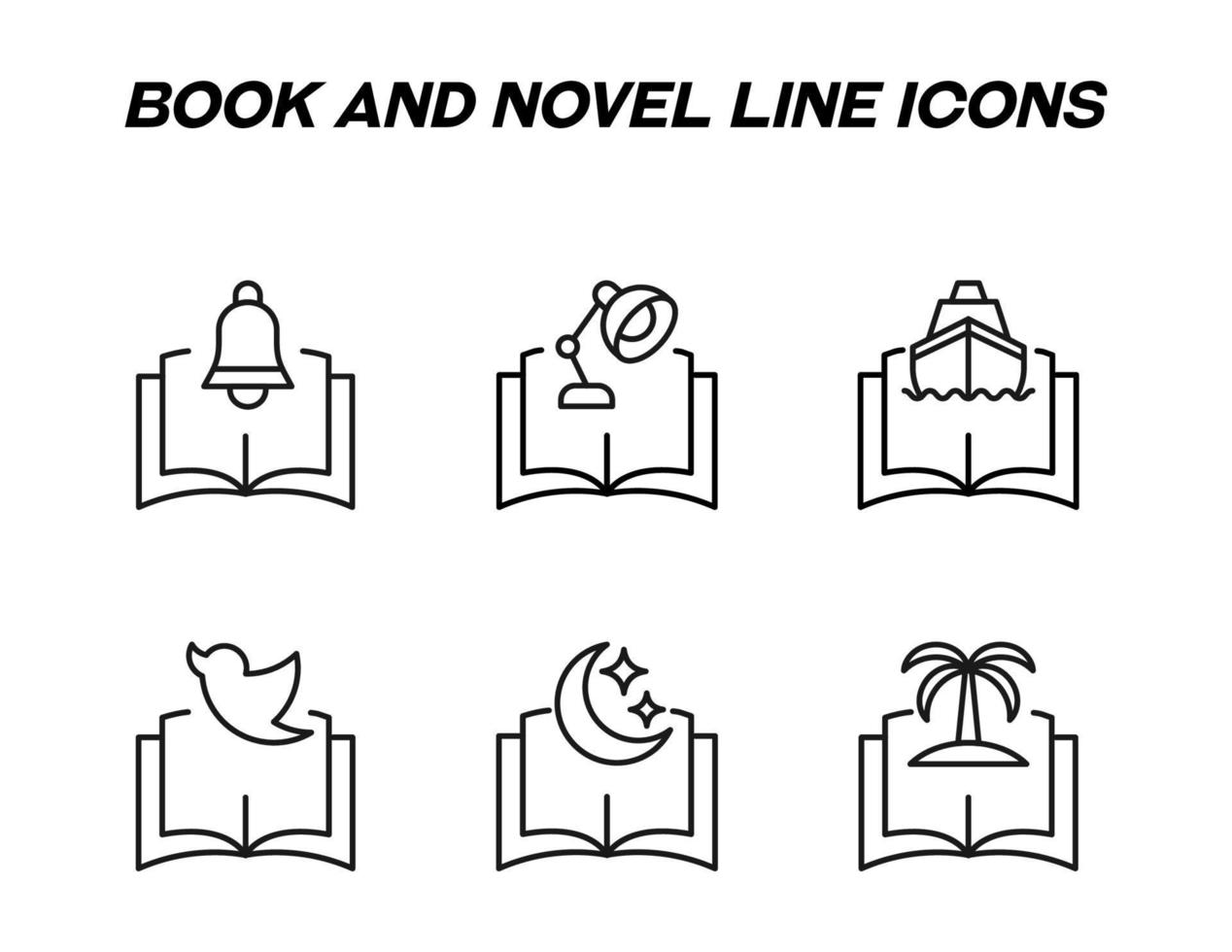Book, reading, education and novel concept. Vector signs in flat style. Set of line icons of ring, table lamp, ship, bird, star, Moon, palm over book