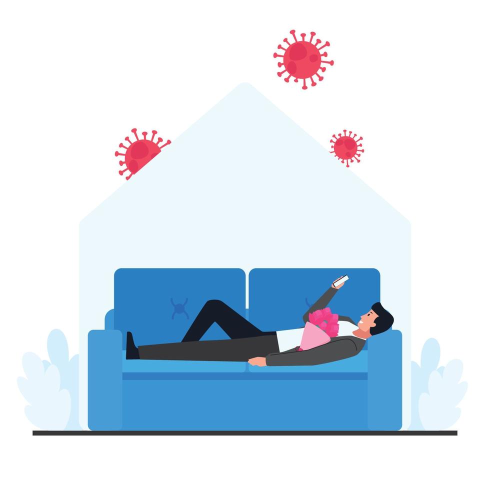 Man lay on sofa and hold phone with a flower bucket while virus around vector