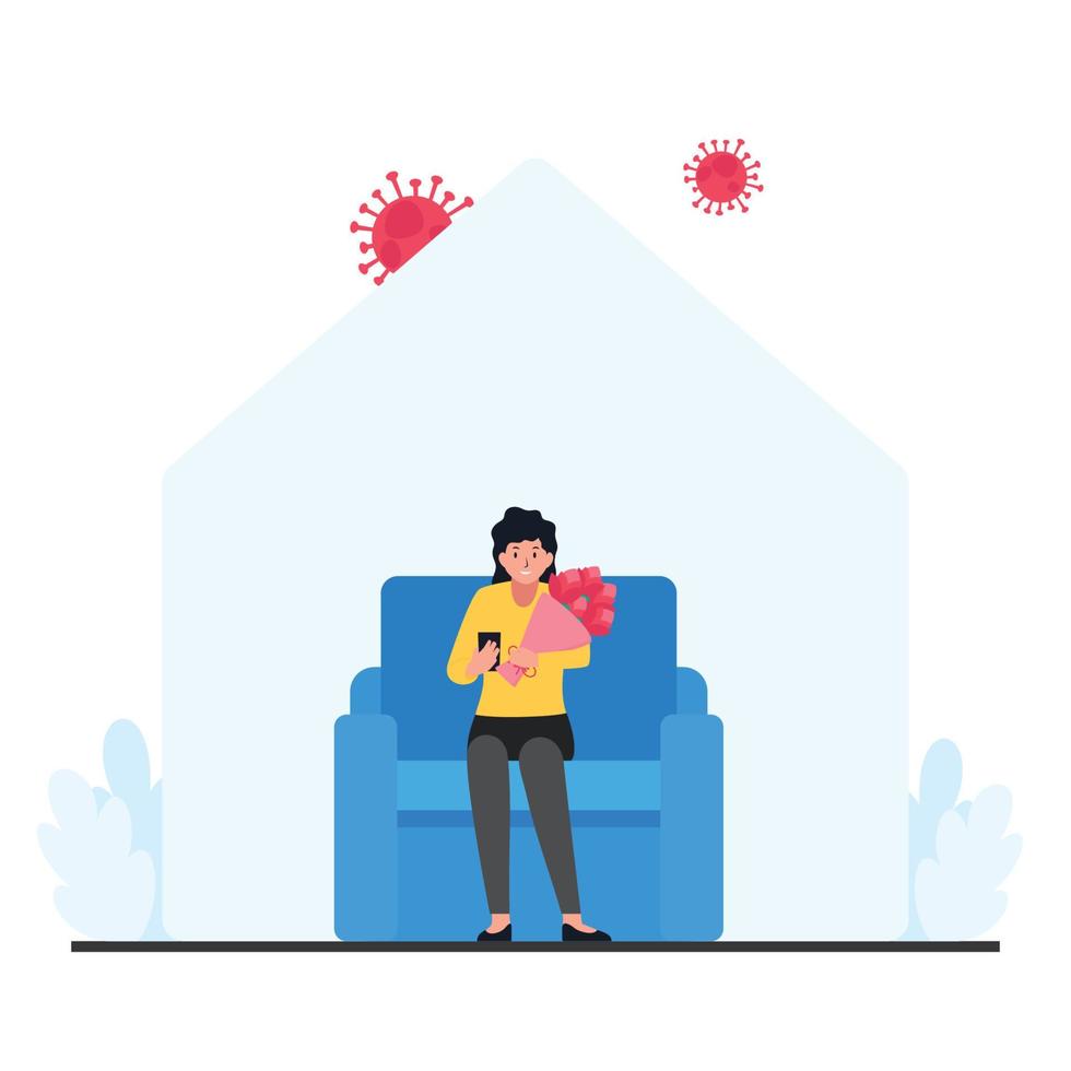Woman sit and hold a flower bucket while virus around vector