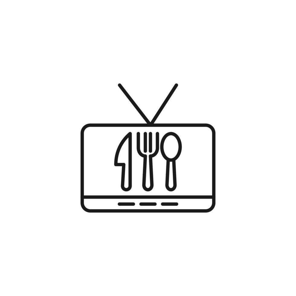 concepto de cocina, comida y cocina. colección de iconos monocromáticos de contorno moderno en estilo plano. icono de línea de cuchara, tenedor y cuchillo en la pantalla de televisión como símbolo de programa culinario o programa de cocina vector