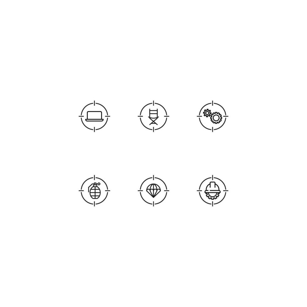 Line icon set with monochrome signs suitable for adverts, shops, stores, apps. Laptop, director chair, gear, grenade, parachute, cogwheel under helmet inside of target vector