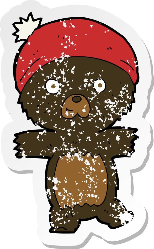 retro distressed sticker of a cartoon cute black bear vector