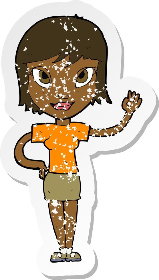 retro distressed sticker of a cartoon woman waving vector