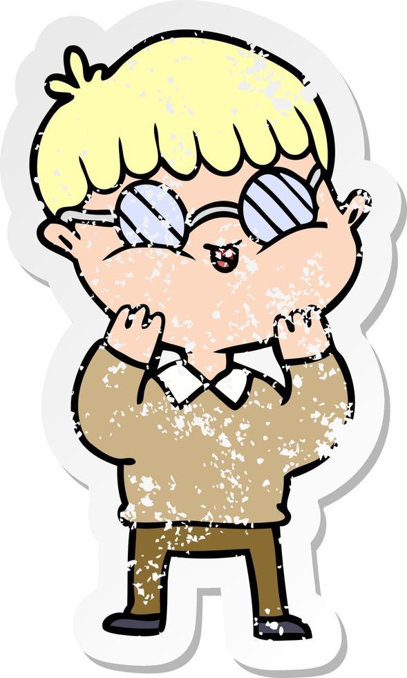 distressed sticker of a cartoon boy wearing spectacles vector