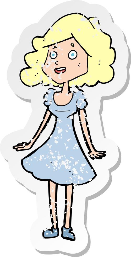 retro distressed sticker of a cartoon happy woman in dress vector