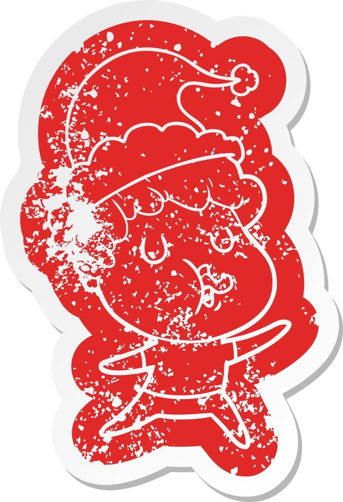 cartoon distressed sticker of a man singing wearing santa hat vector