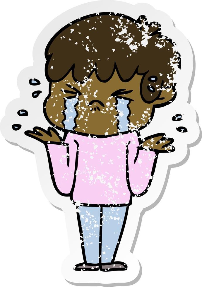 distressed sticker of a cartoon boy crying and shrugging shoulders vector