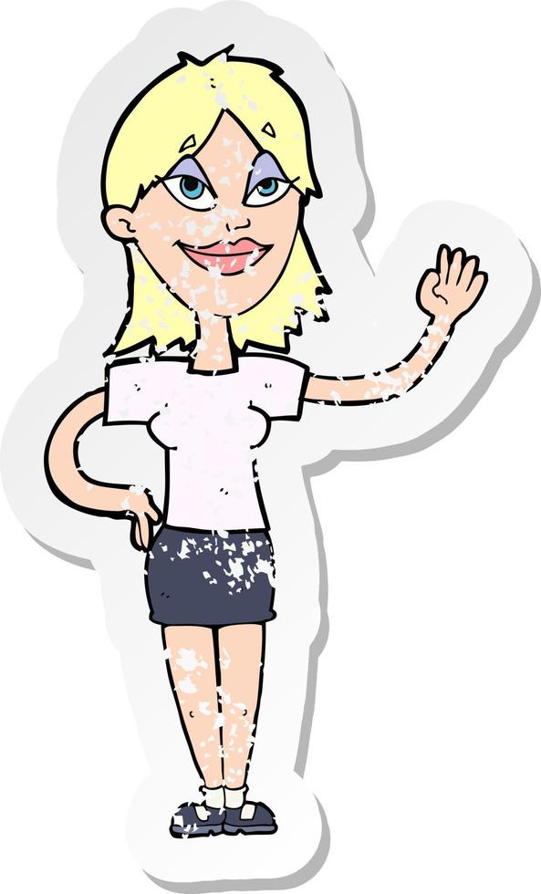 retro distressed sticker of a cartoon woman waving vector