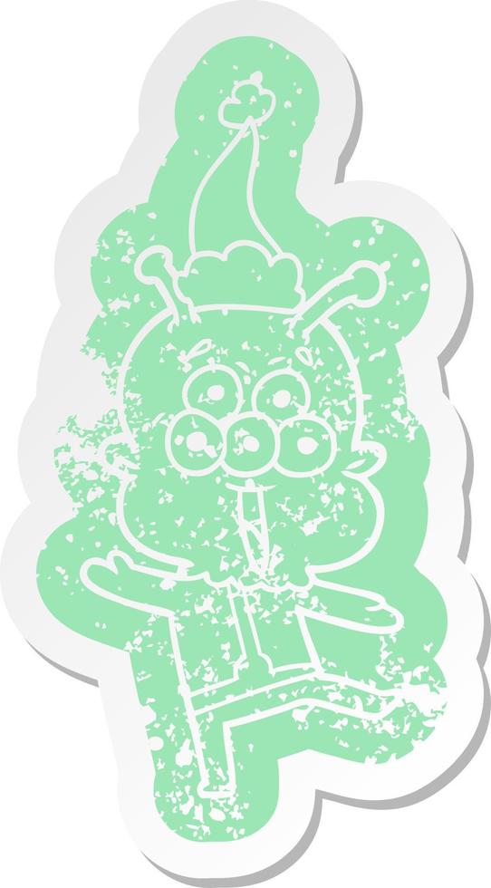 happy cartoon distressed sticker of a alien dancing wearing santa hat vector