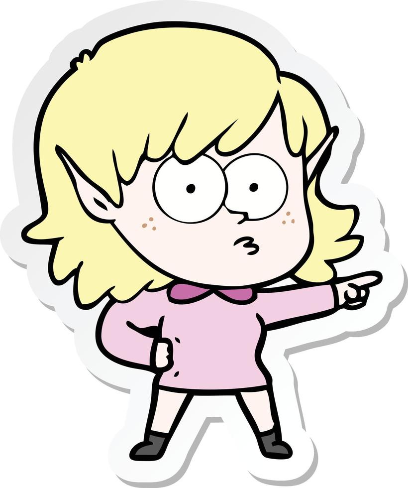 sticker of a cartoon elf girl staring and pointing vector