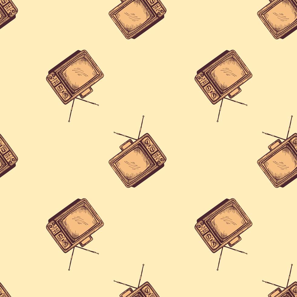 Retro TV with antenna engraved seamless pattern. Vintage television in hand drawn style. vector