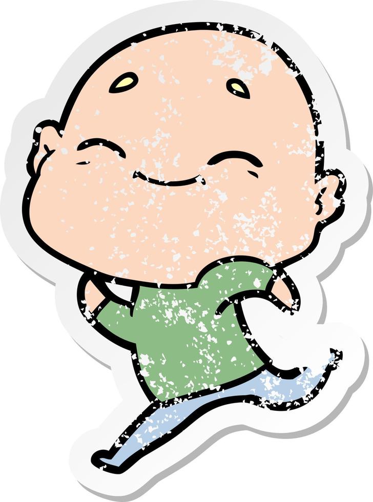 distressed sticker of a happy cartoon bald man vector