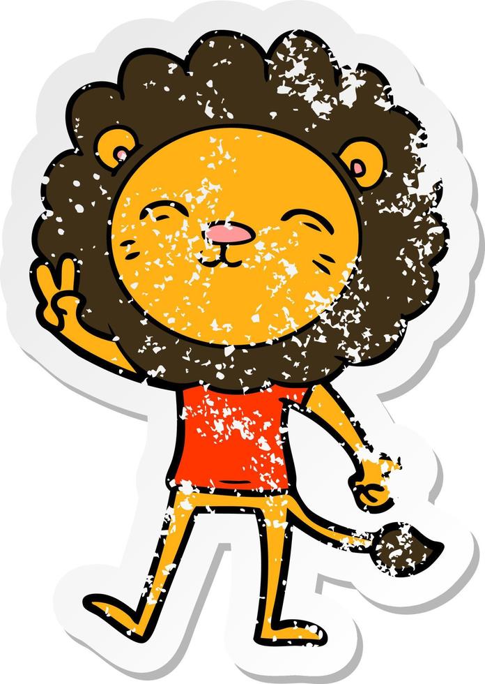 distressed sticker of a cartoon lion giving peac sign vector