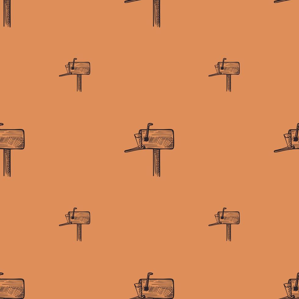 Mailbox with letter engraved seamless pattern. Vintage letterbox in hand drawn style. vector