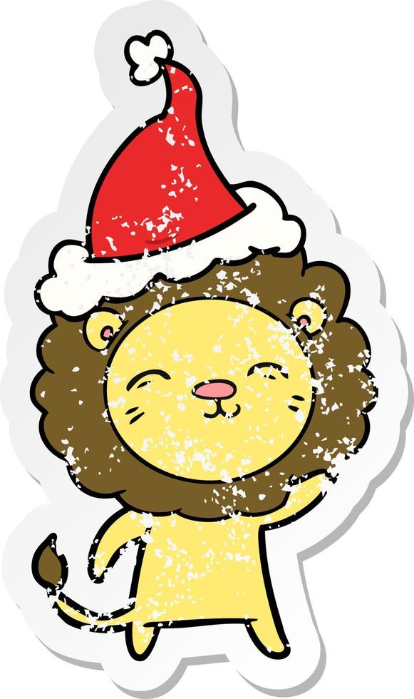 distressed sticker cartoon of a lion wearing santa hat vector