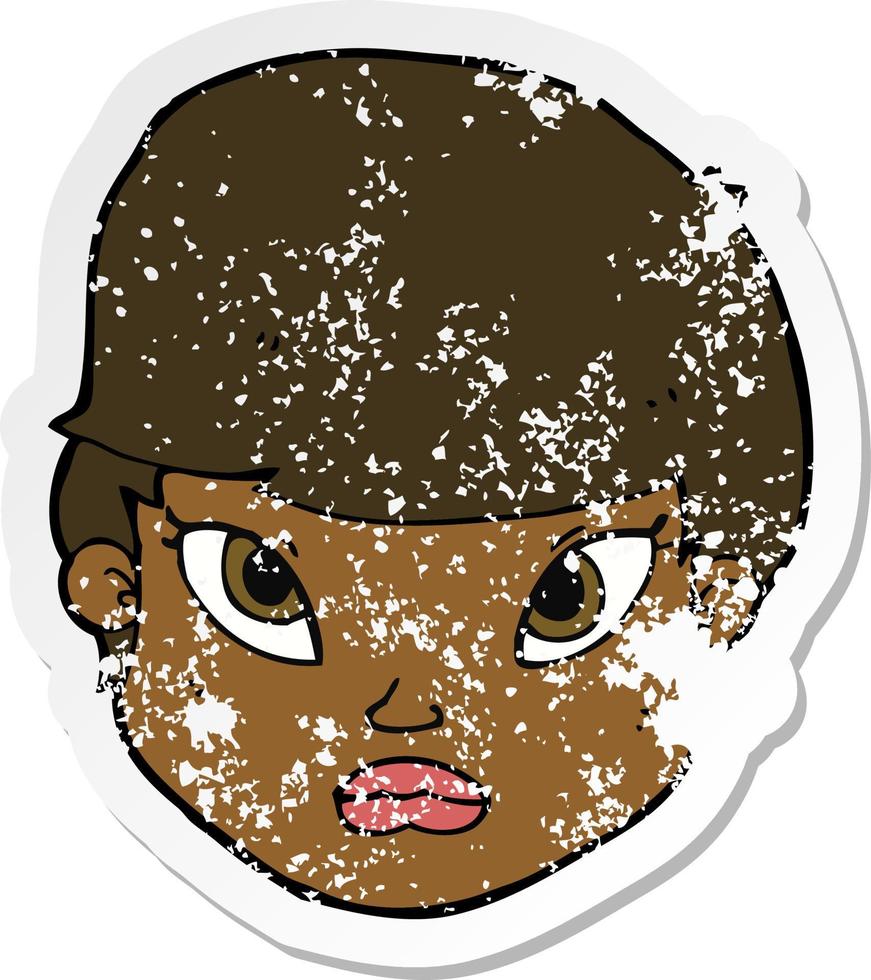 retro distressed sticker of a cartoon serious face vector