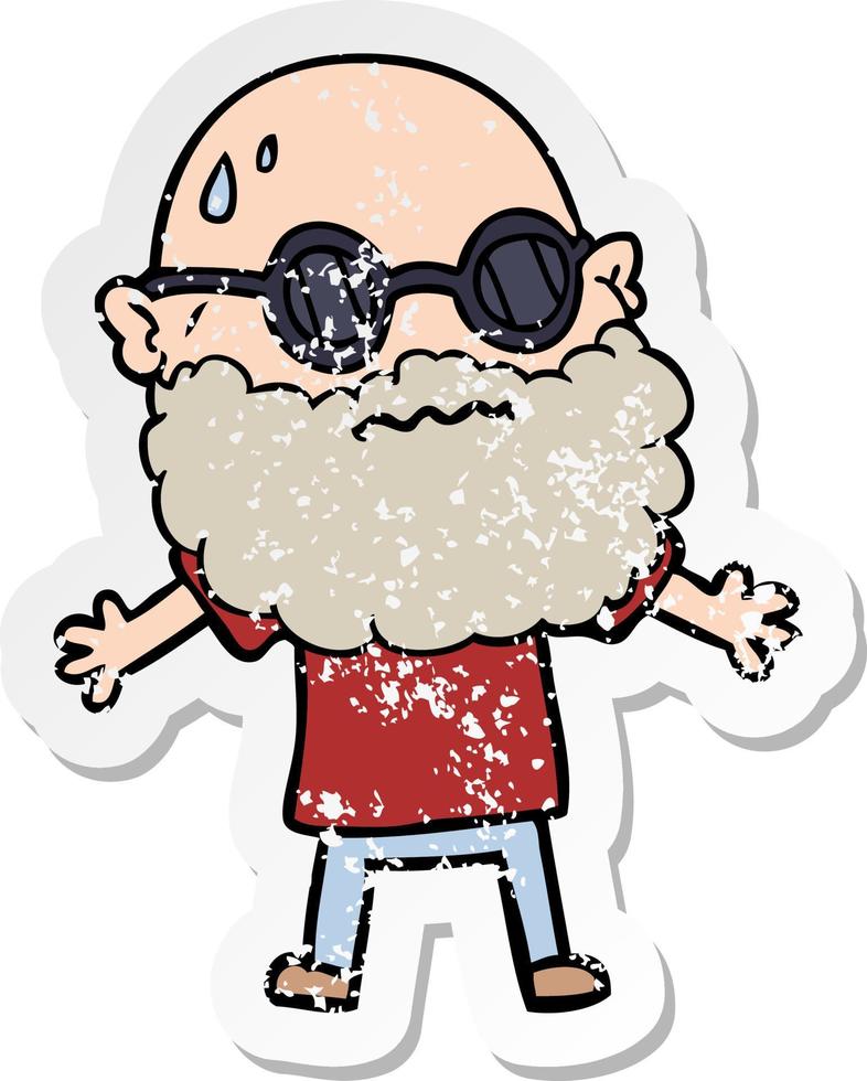 distressed sticker of a cartoon worried man with beard and sunglasses vector