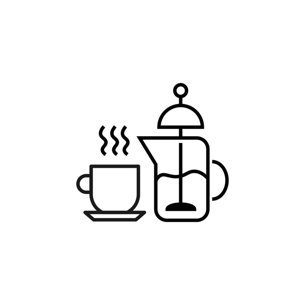 concepto de cocina, comida y cocina. colección de iconos monocromáticos de contorno moderno en estilo plano. icono de línea de prensa francesa y taza de té caliente vector