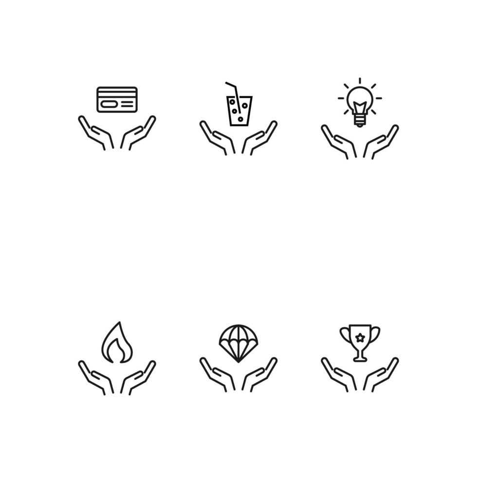 Charity and philanthropy concept. Modern vector outline symbols drawn with thin line. Line icon collection. Icons of credit card, soda, light bulb, flame, parachute, goblet over opened hands